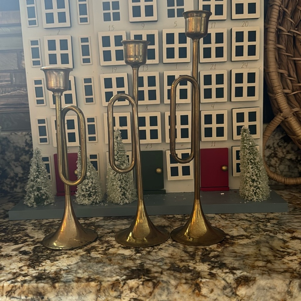 Brass taper horn candle holder set of 3